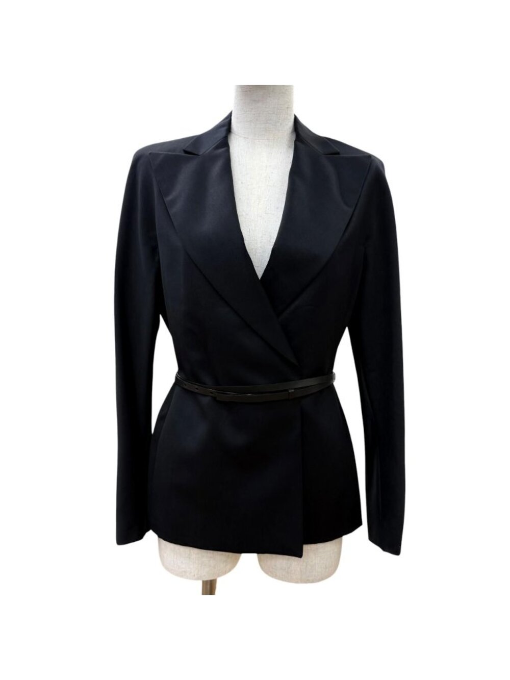 Gucci Vintage Wool Mohair Peaked Lapel Leather Belted Tailored Jacket Black 38